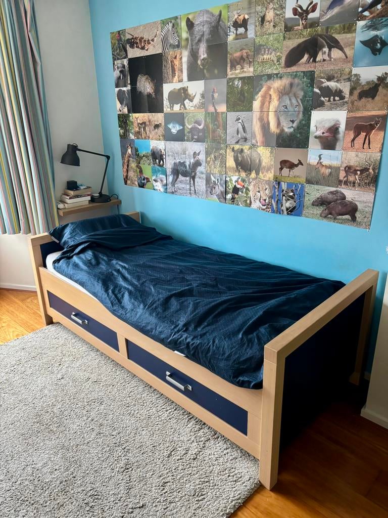 Bedframe 90x190 met opberglades, Ophalen, 90 cm, Eenpersoons, Blauw