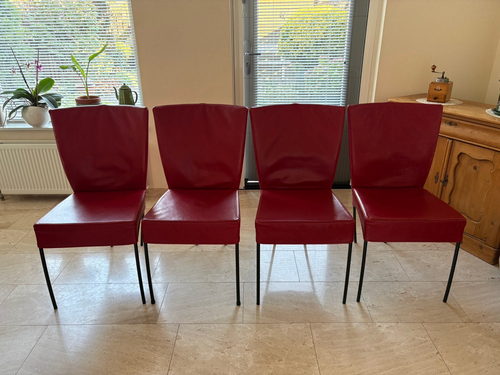 4 leren rode Montis Spica design eetstoelen, Ophalen, Gebruikt, Design, Leer