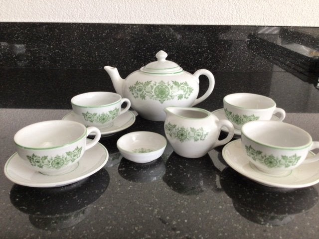 Douwe Egberts miniatuur serviesje, groen bloemmotief, Ophalen of Verzenden, Zo goed als nieuw, Porselein, Compleet servies