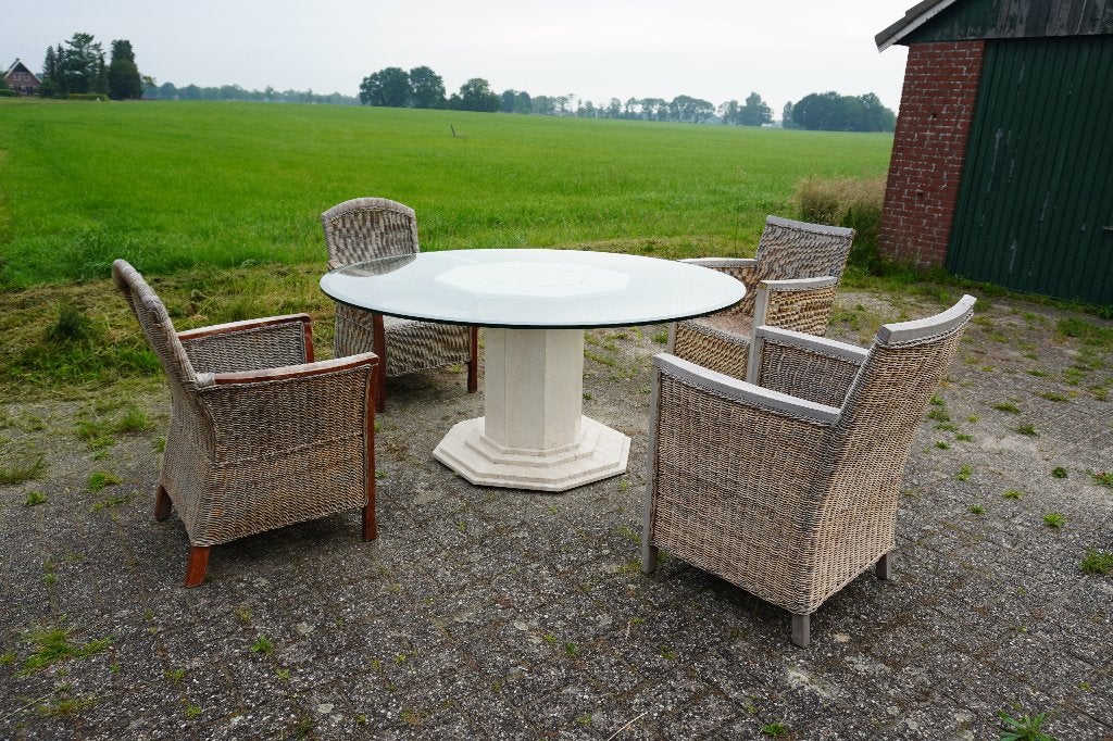 Prachtig unieke Marmer en glazen tafel - 160cm x 76cm, Tuin en Terras, Ophalen, Gebruikt, Rond, Overige materialen