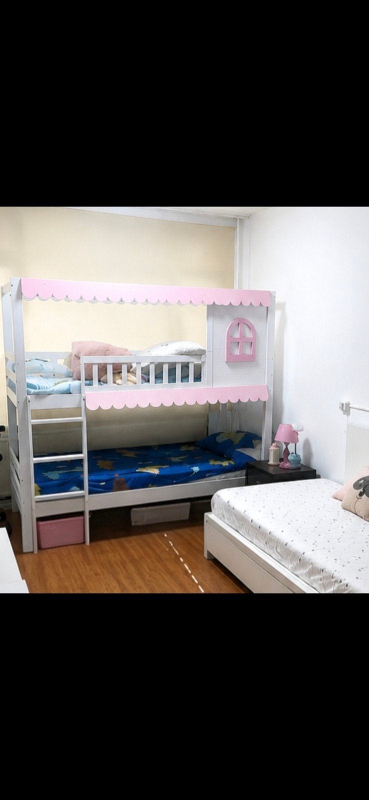 Stapelbed met huisje en opberglade - Wit/Roze, Ophalen, 90 cm, Minder dan 160 cm, Stapelbed