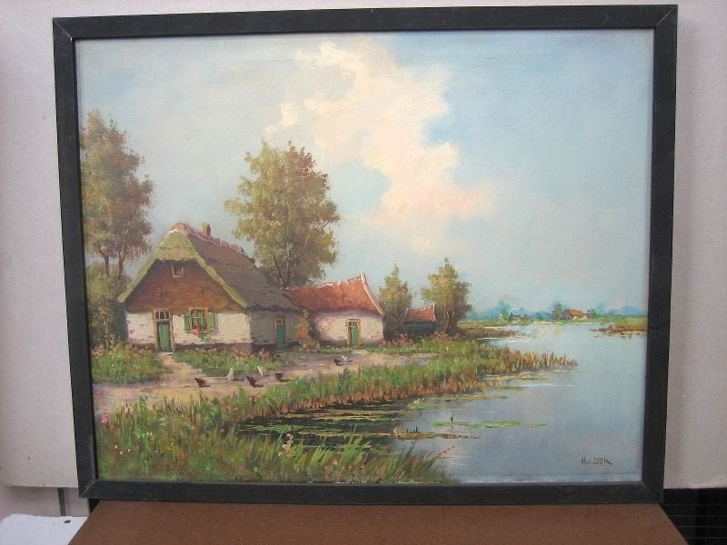 Schilderij Boerderij met schuur en kippen, aan het water, Antiek en Kunst, Ophalen of Verzenden