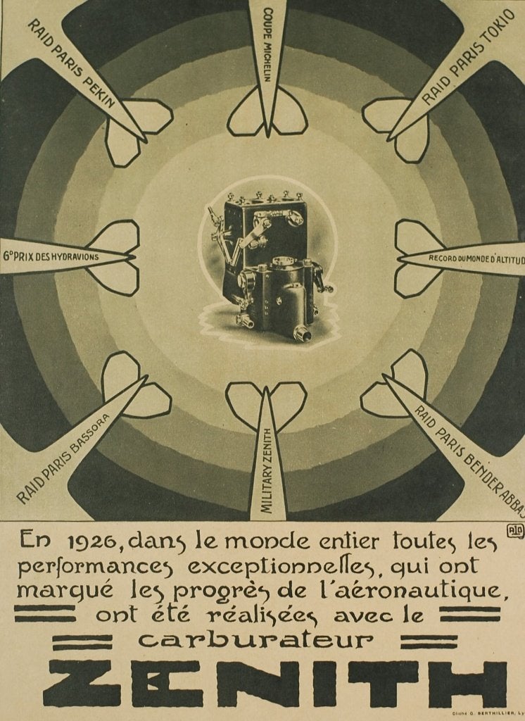 Antieke Luchtvaart Poster Zenith Carburateur 1926 Parijs, Verzenden, Voor 1940, Zo goed als nieuw, Overige onderwerpen