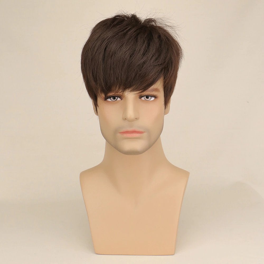 Korte Donkerbruine Heren Pruik Bruin Haar Haarstukje Mannen, Verzenden, Nieuw, Pruik of Haarverlenging