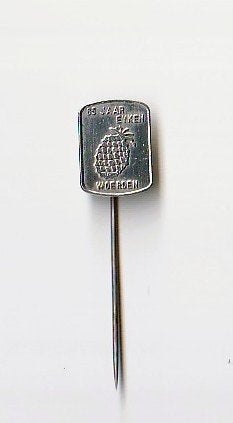 mooie volmetaal speld Eyken Woerden 65 jaar   ananas, Ophalen of Verzenden, Overige onderwerpen, Speldje of Pin