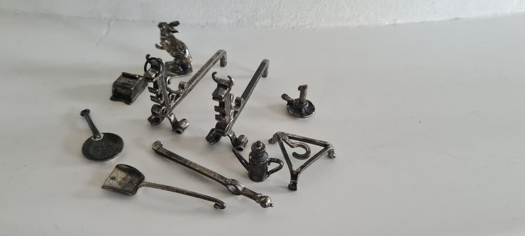 Antieke Zilveren Miniaturen Vuurbok Spaan Schep Ketel Haas, Antiek en Kunst, Ophalen of Verzenden, Zilver