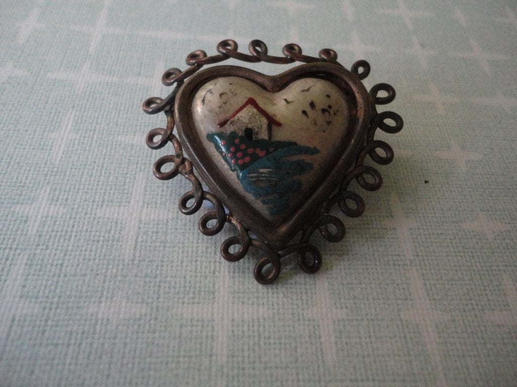Oude handbeschilderde broche, jaren 20, Verzenden, Koper, Broche