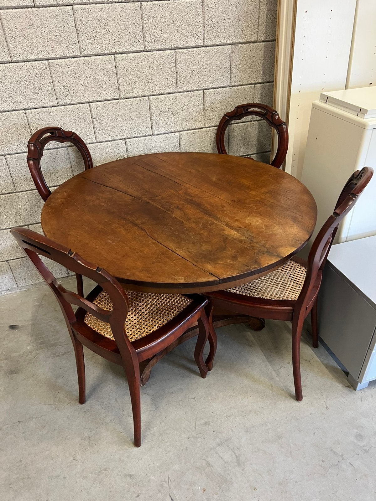 Mahonie ronde BIEDERMEIER EETTAFEL + 4 STOELEN WEBBING Zit, Ophalen