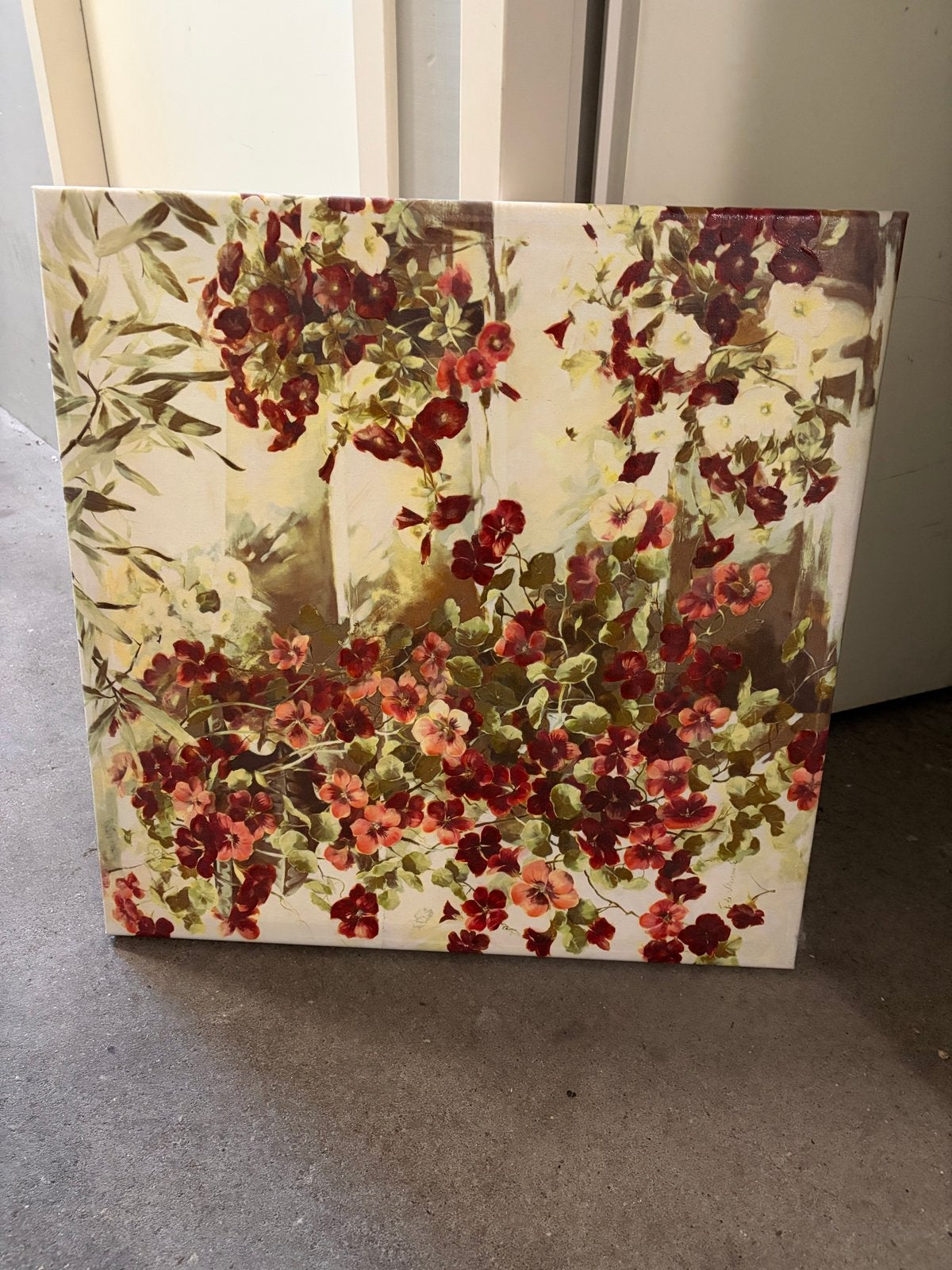 Schilderij met bloemen en bladeren, Antiek en Kunst, Doek, Realistisch, Handgeschilderd, Olieverf