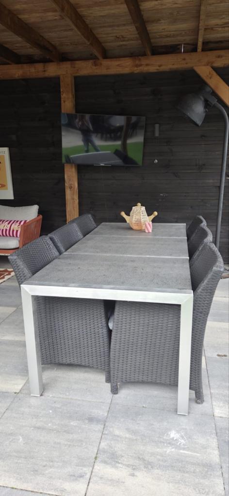 Tuinset natuursteen met 6 stoelen en kussens, Tuin en Terras, Tuintafels, Ophalen, Gebruikt, Rechthoekig, Overige materialen