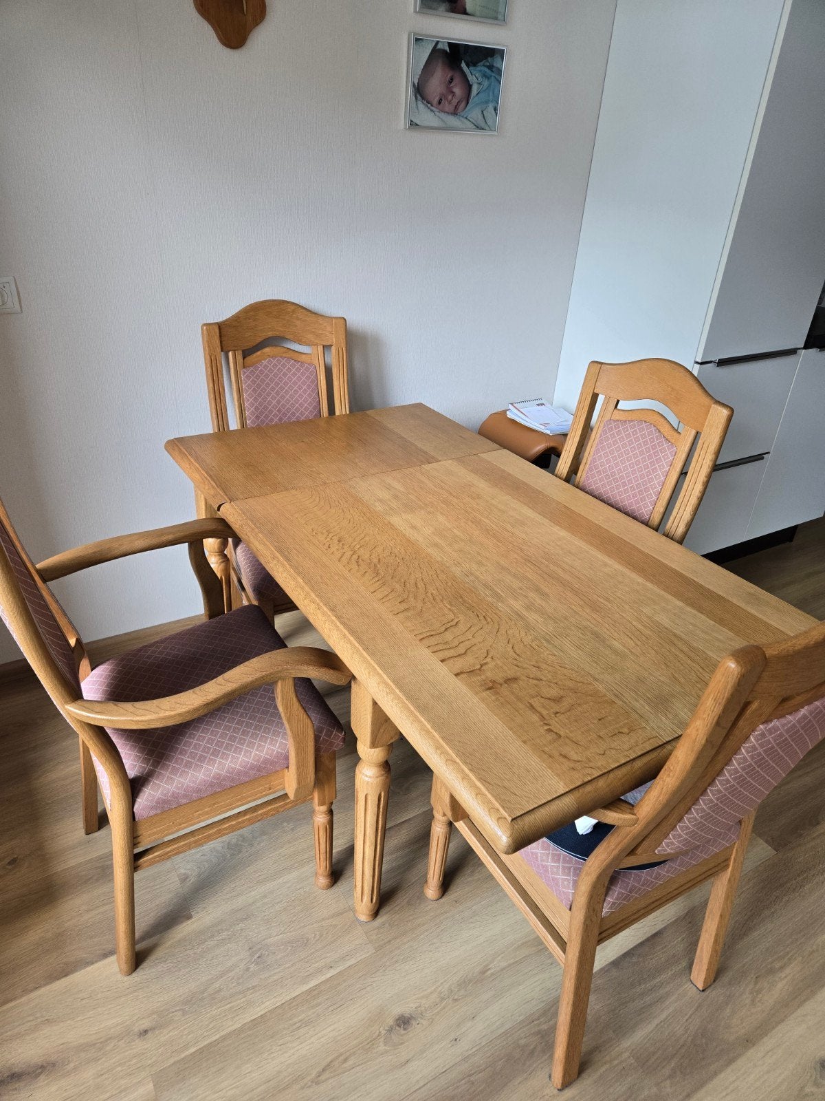 Eiken eettafel met 4 stoelen, Ophalen, Gebruikt, 100 tot 150 cm, Eikenhout