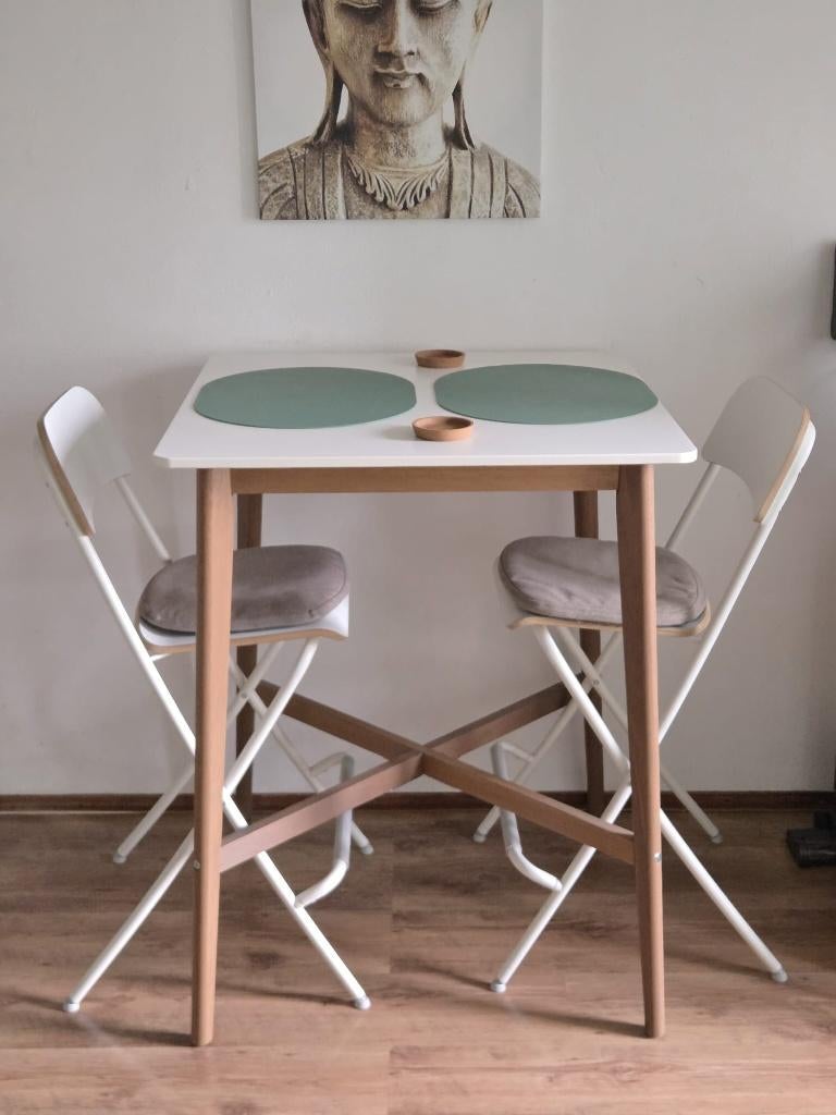 Eettafel + stoelen, Huis en Inrichting, Tafels | Eettafels, Ophalen, Gebruikt, 100 tot 150 cm, Vierkant