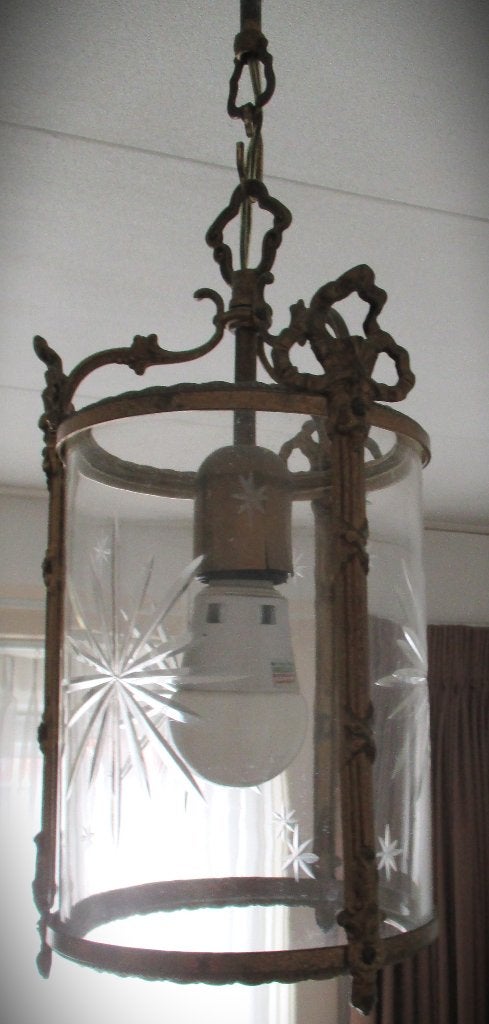 Hallantaarn~Antieke Louis XV stijl Lamp met facet rond glas, Ophalen of Verzenden