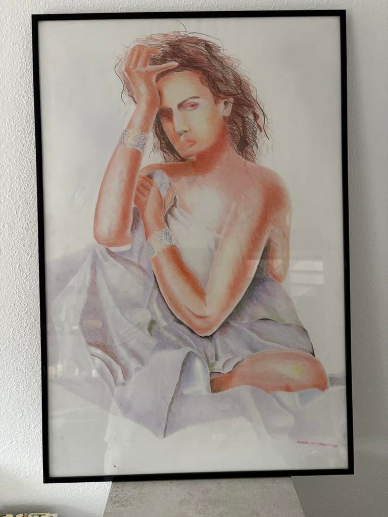 Tekening Portret van vrouw “Serge de Vries” 1990, Antiek en Kunst, Kunst | Tekeningen en Foto's, Ophalen