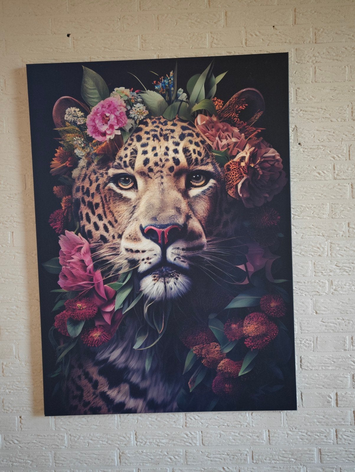 Schilderij luipaard met bloemen op canvas, Ophalen, Op houten frame, Dieren, Print