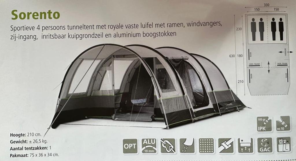 Bardani Sorento 4-persoons tunneltent - Z.G.A.N. De Wit Schi, Caravans en Kamperen, Ophalen, Zo goed als nieuw, Tot en met 4