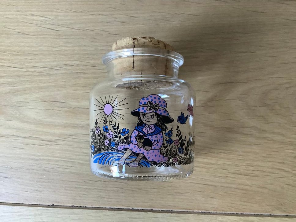 Glazen pot met opdruk Wendy Mill, deksel kurk, Ophalen of Verzenden, Zo goed als nieuw