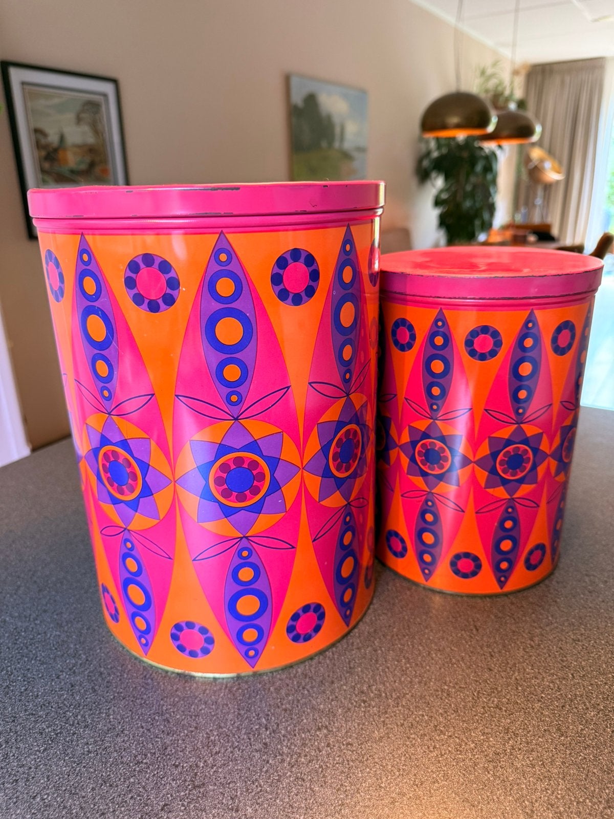 Tomado blikken roze/paars/oranje, Verzamelen, Blikken, Ophalen, Gebruikt, Overige