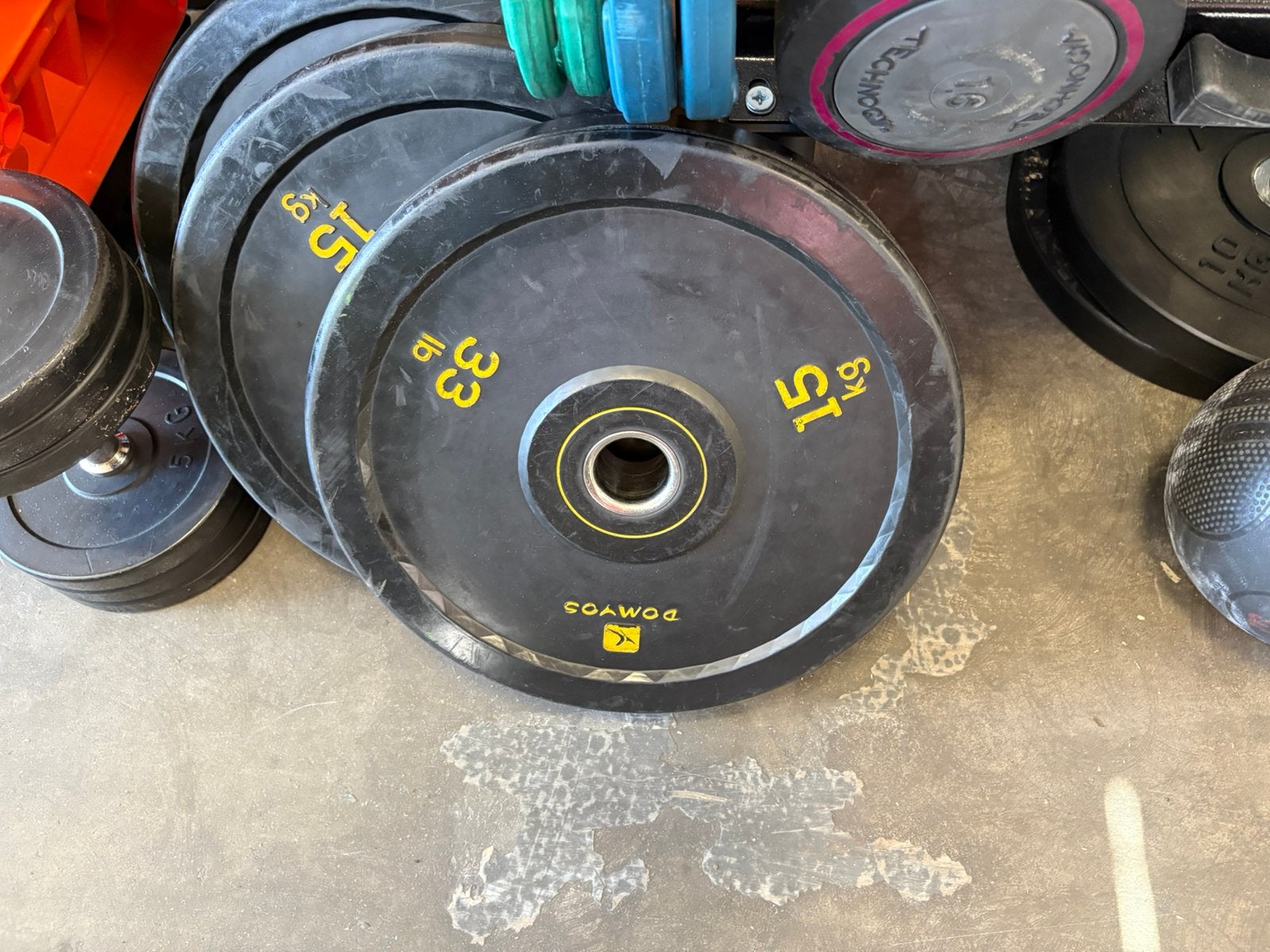 4 x 15 kg bumperplates olympische halter schijven 50 mm, Ophalen, Halterschijven, 4 x 15 kg, Gebruikt