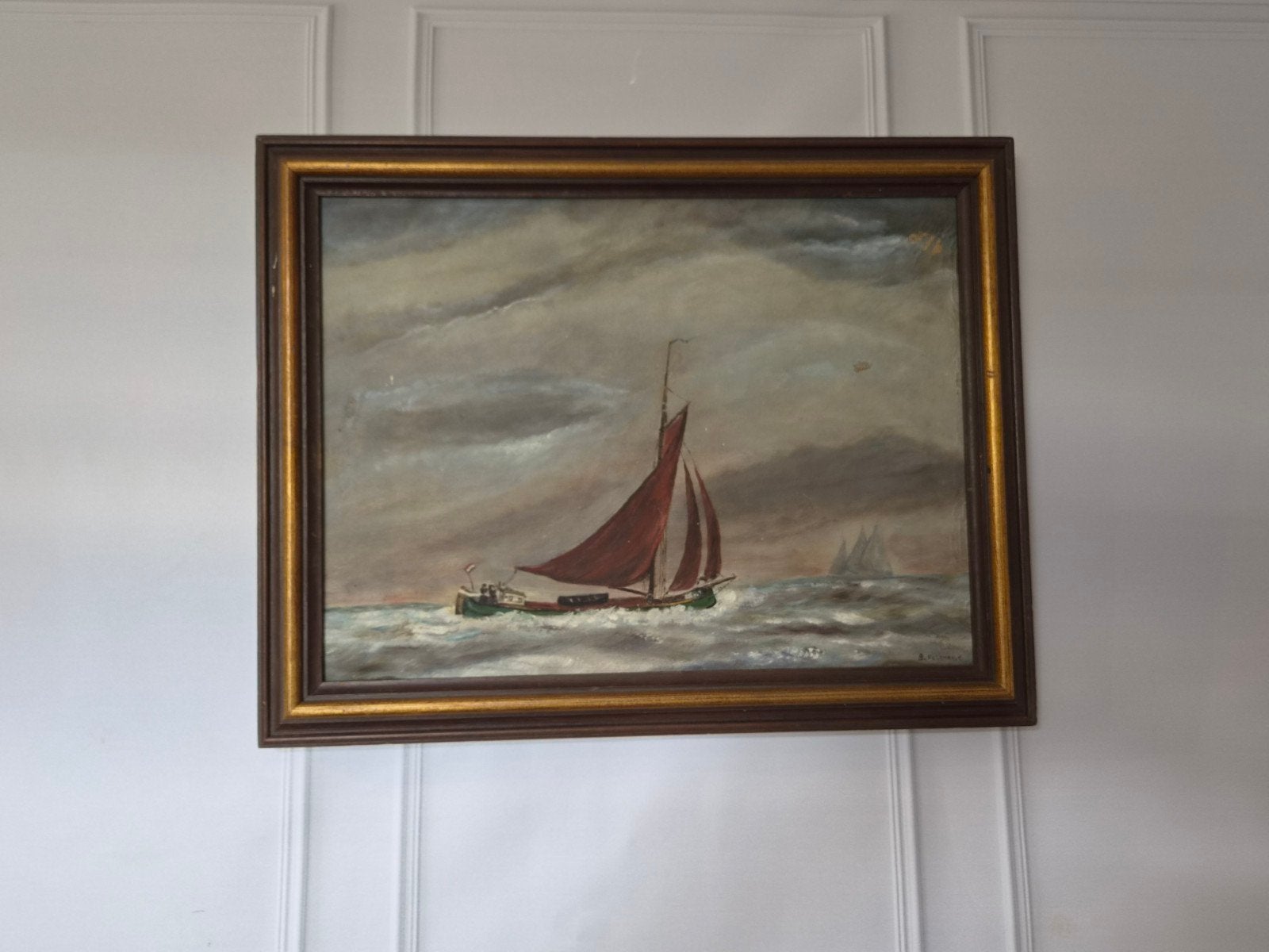 Olieverfschilderij: Zeilschip op woelige zee, gesigneerd, Maritiem / water, Doek, Oud hollands, Ophalen of Verzenden