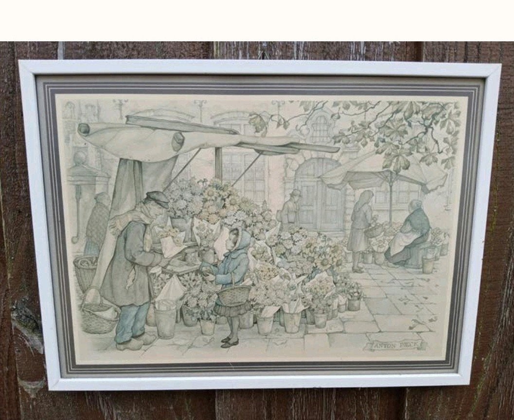 Anton Pieck Prenten: Bloemenmarkt & Stadsgezicht, Ophalen of Verzenden, Print, Prent, Ingelijst