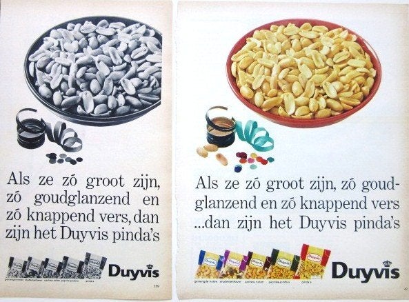 6 vintage advertenties reclames Duyvis pinda's 1963-66, Verzamelen, Ophalen of Verzenden, Gebruikt, Overige typen