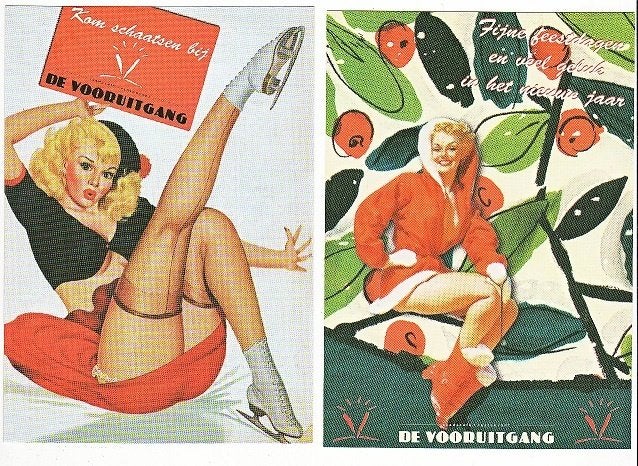 2x mooie pin-up de Schaatsmeisjes Vooruitgang Eindhoven, Ophalen, 1960 tot 1980, Ongelopen, Cultuur en Media
