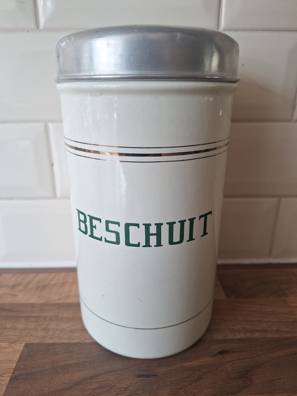 Vintage Beschuitbus - Crèmekleurig met Groene Letters, Ophalen