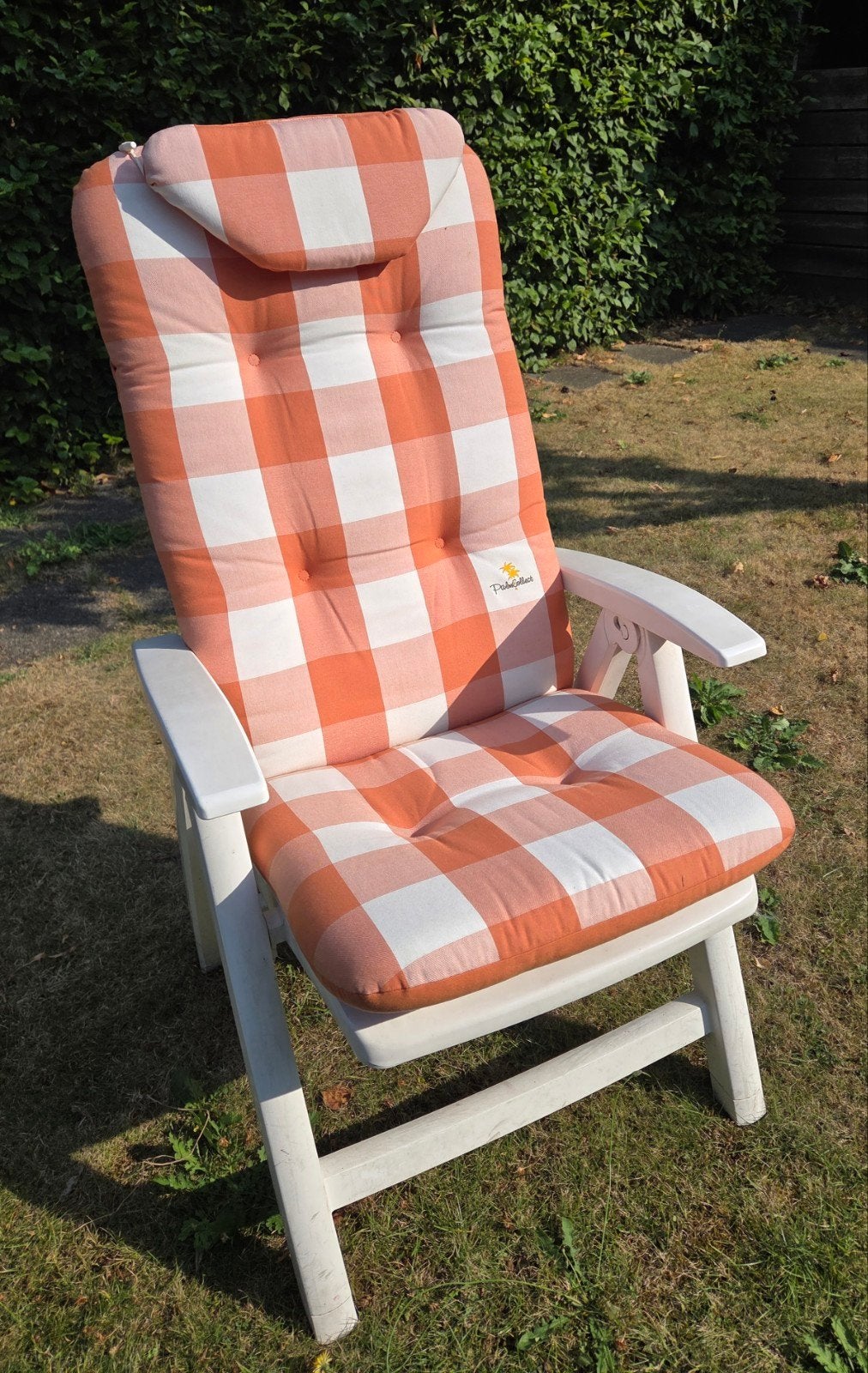 Tuinstoelkussens geruit oranje wit en effen oranje (4 stuks), Ophalen, Zo goed als nieuw