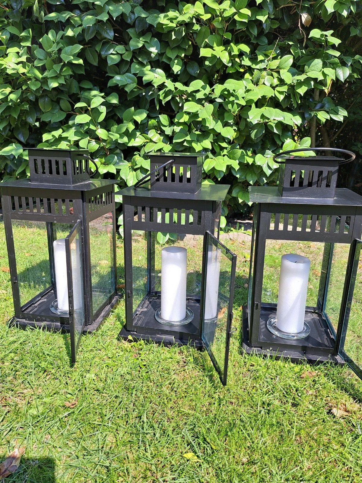 3 zwarte binnen/buiten Ikea lantaarns met deurtje, Ophalen, Gebruikt, Metaal, Kaars