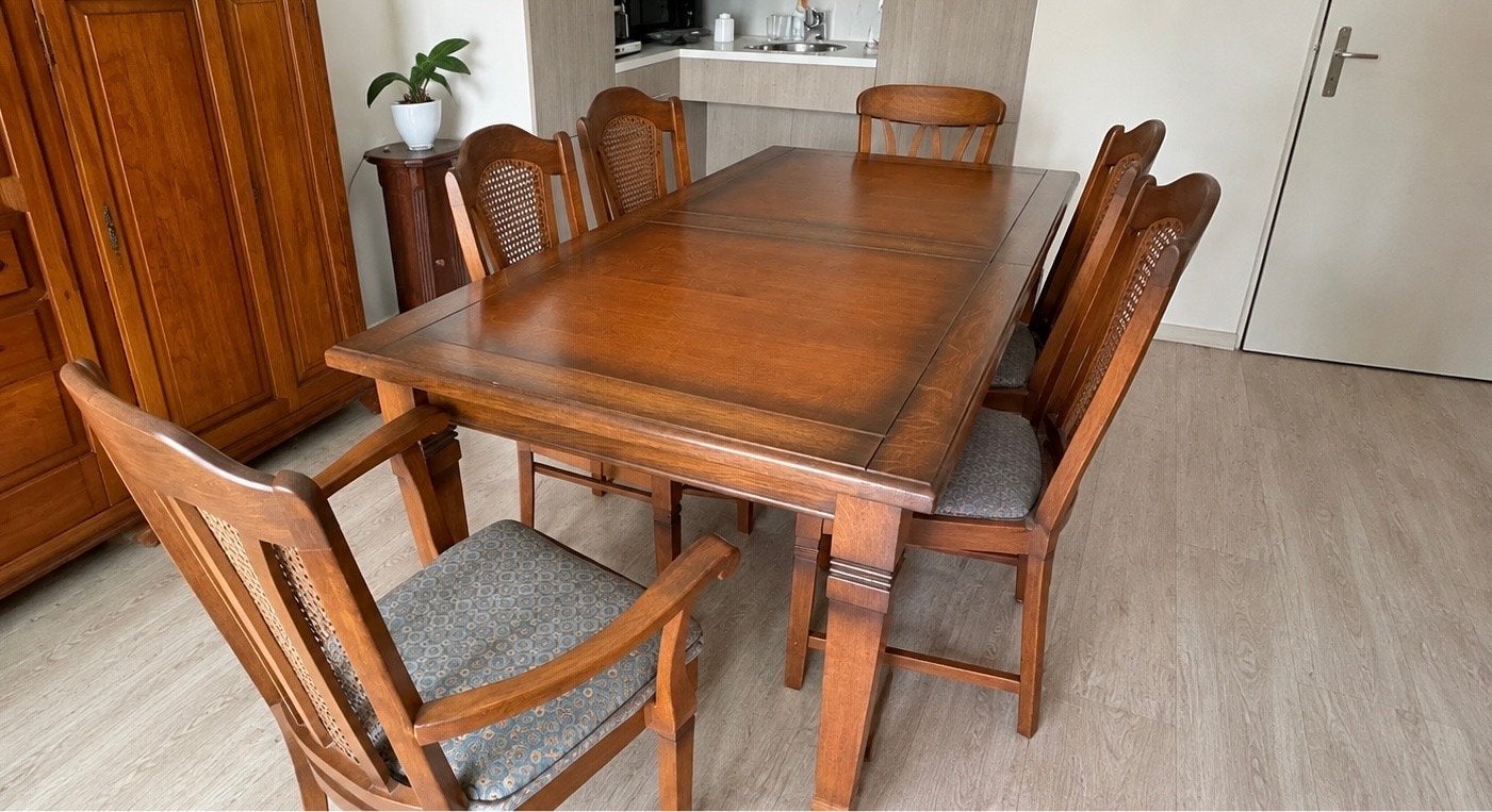 Mooie kersenhouten eethoek met 6 stoelen en tafel met 2 lade, Huis en Inrichting, Ophalen, Gebruikt, 50 tot 100 cm, 150 tot 200 cm