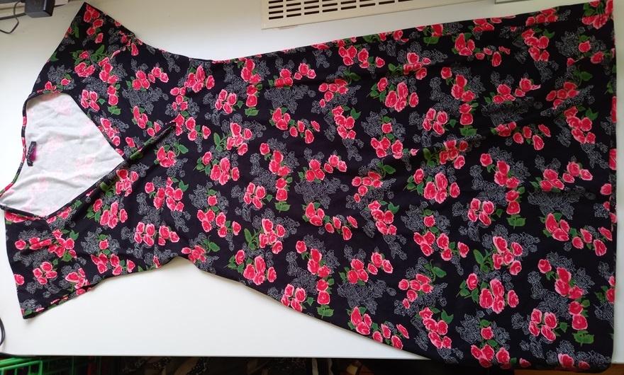 King Louie mooie zwarte jurk met rood roze rozen, maat L-40, Maat 38/40 (M), Verzenden, Zo goed als nieuw, Knielengte