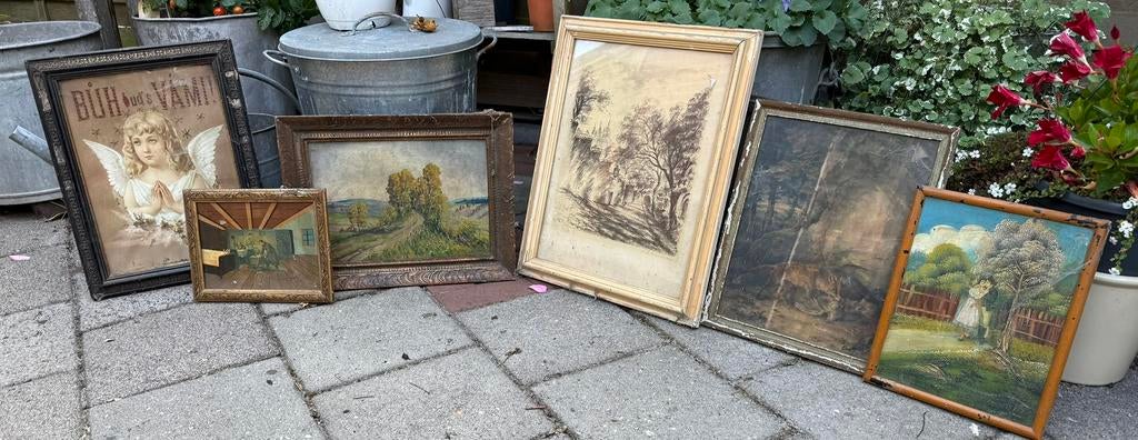Aantal schilderijen, tekening en reclame in lijsten., Antiek en Kunst, Ophalen