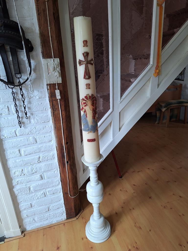 Paaskaars met houten kandelaar - Uniek en handgemaakt, Ophalen