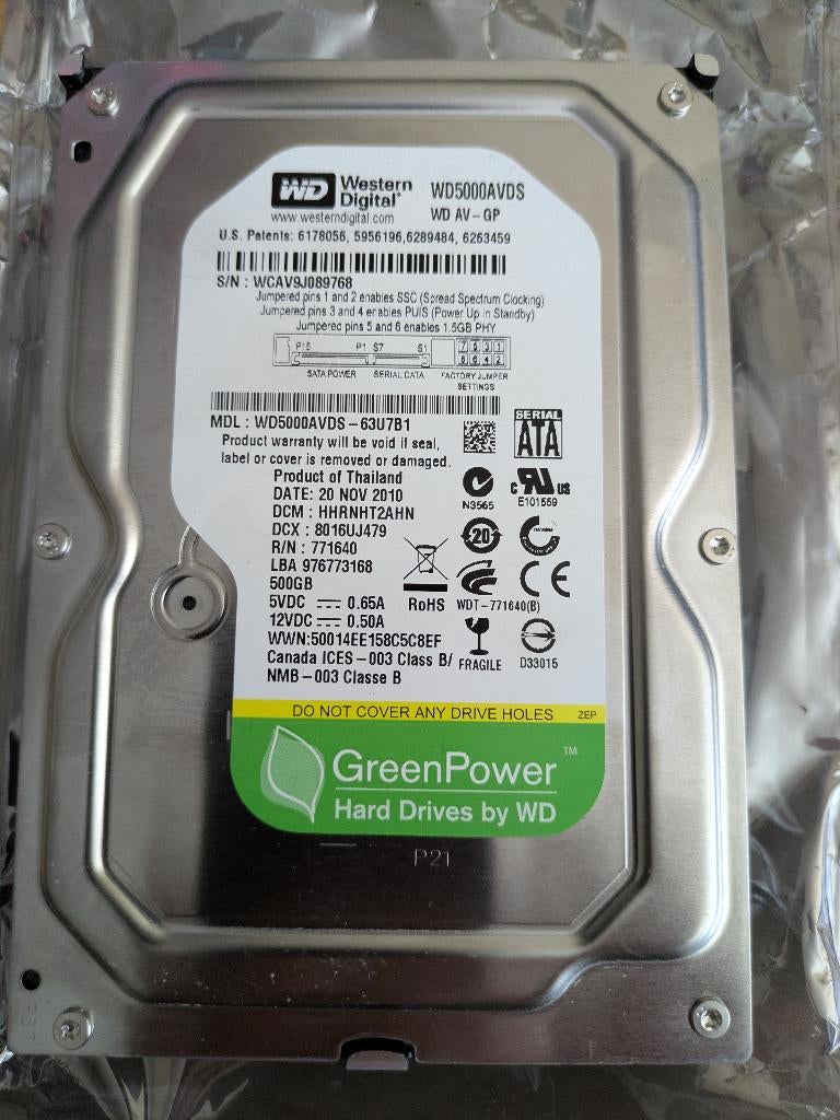 Harddisk WD WD5000AVDS Green Power 500GB 100% error vrij, Intern, Gebruikt, Desktop, 500GB