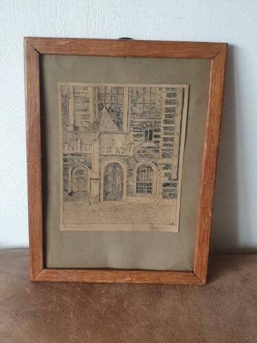 orig tekening portaal Oude Kerk Amsterdam Oudekerksplein HW, Antiek en Kunst, Ophalen