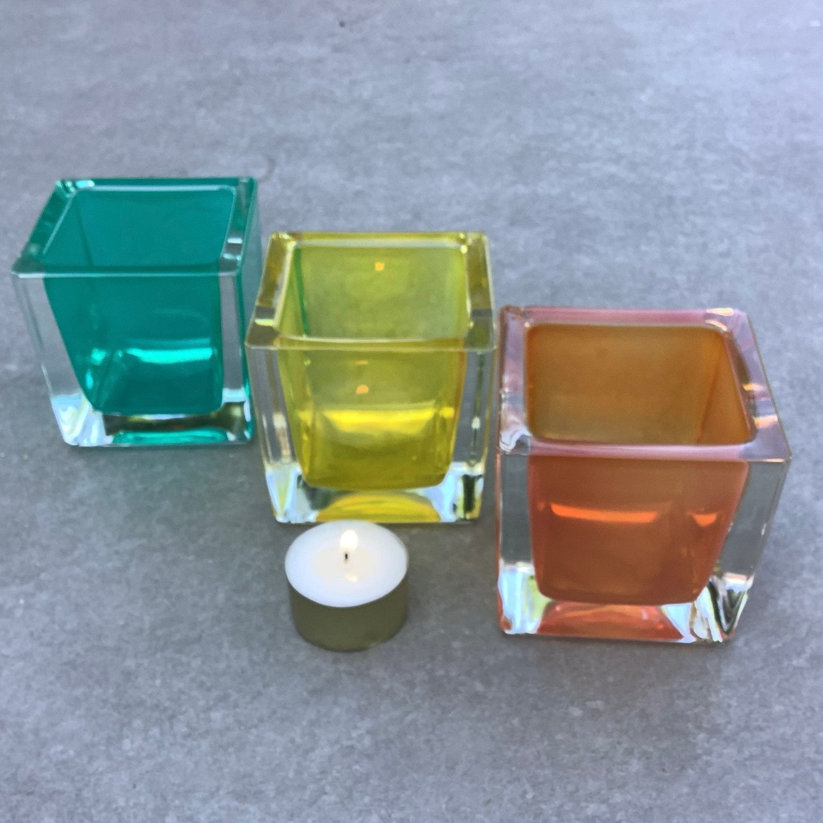 3 Theelichthouder Leonardo Cube gekleurd glas, Gebruikt, Overige merken, Waxinelichthouder, Glas