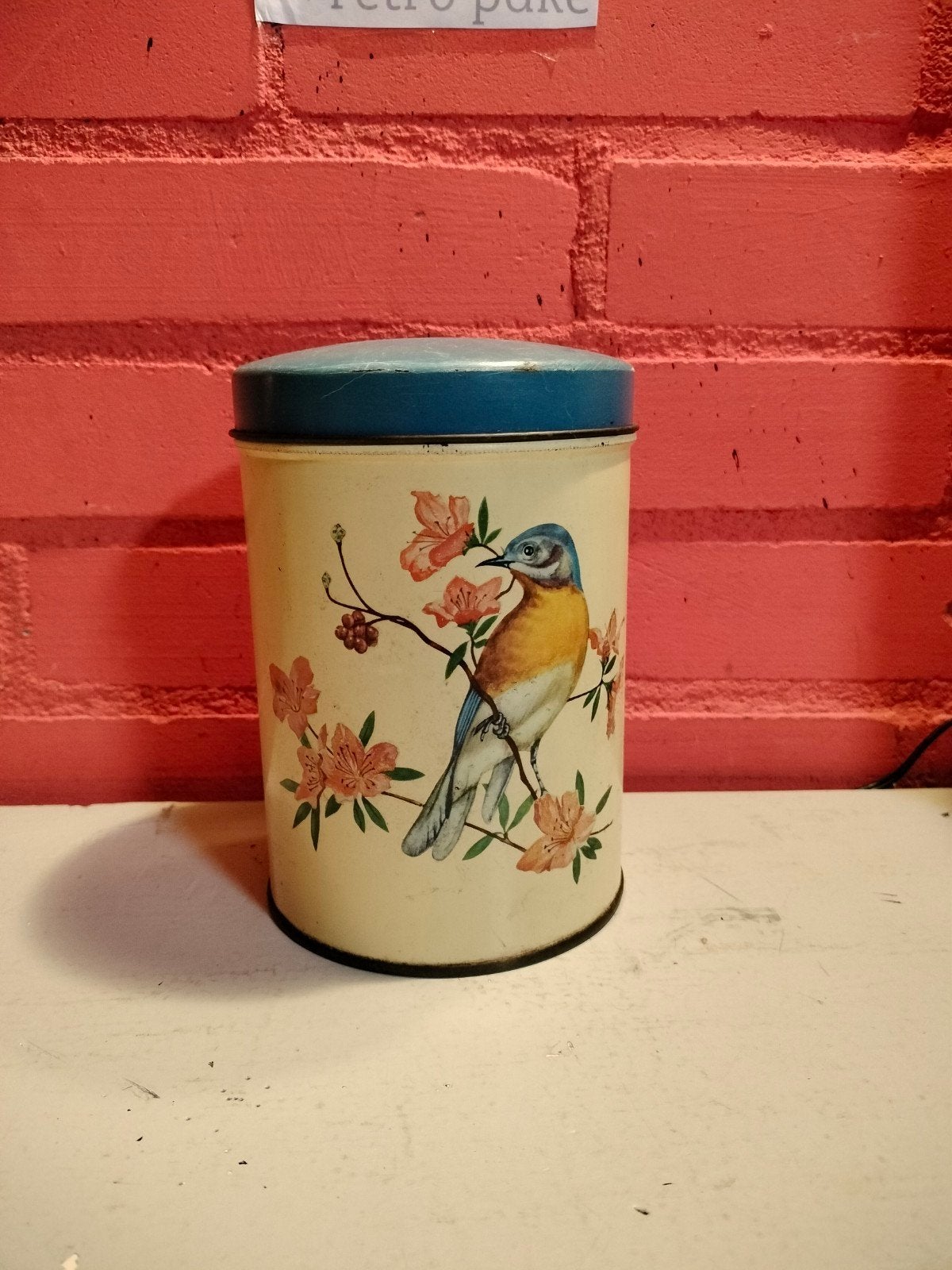 Vintage Verblifa blik jaren '50 met vogel en bloemen, Ophalen of Verzenden, Gebruikt, Overige, Overige merken