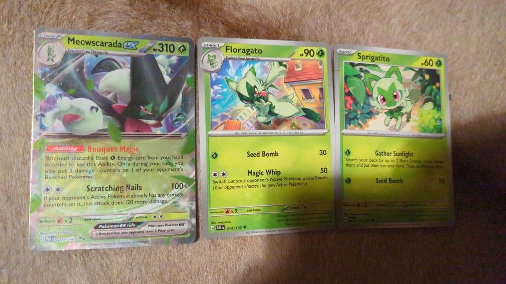 Pokémon Meowscarada ex, Floragato & Sprigatito kaarten, Ophalen of Verzenden, Zo goed als nieuw, Meerdere kaarten, Foil