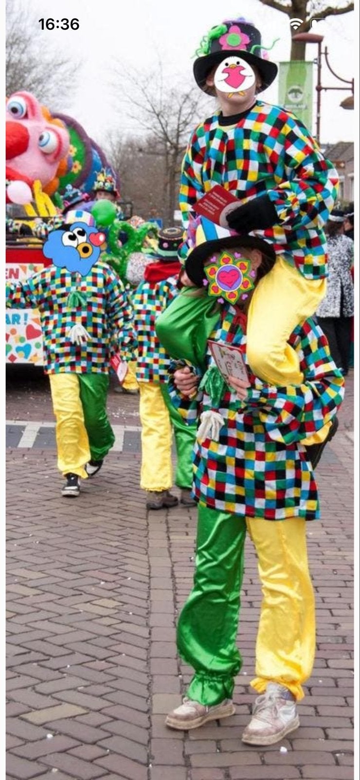 Carnavalspak groep circus clown : Pak met Groene/Gele Broek, Ophalen of Verzenden, Zo goed als nieuw, Pak of Jurk