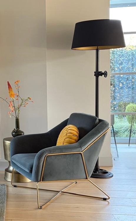 Luxe fauteuil - Grijs / blauw velvet met gouden frame, Huis en Inrichting, Ophalen, Minder dan 75 cm, Zo goed als nieuw, 75 tot 100 cm