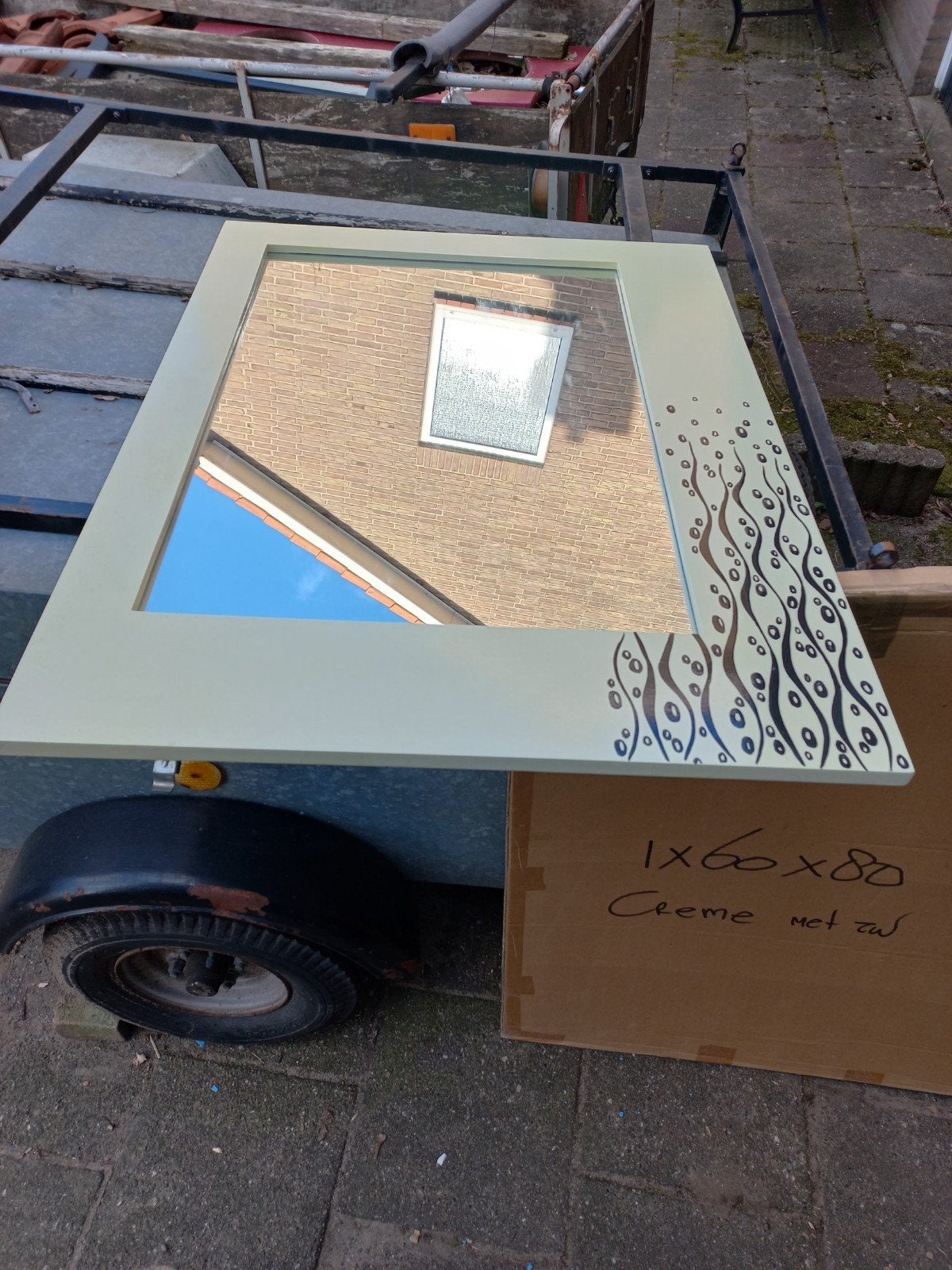 Nieuwe spiegel 60x80 cm met crème en blauw/bruin design, Huis en Inrichting, Woonaccessoires | Spiegels, Ophalen of Verzenden