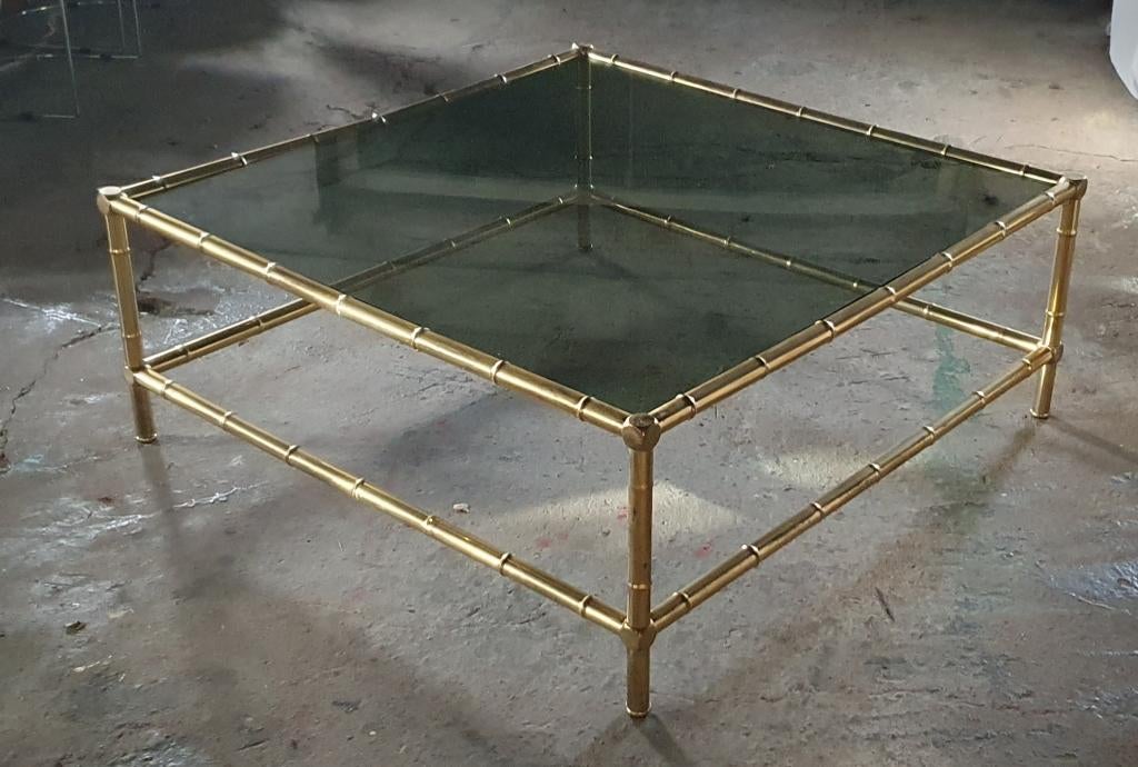 vintage salontafel faux bamboo, Ophalen, Gebruikt, Vierkant, Glas