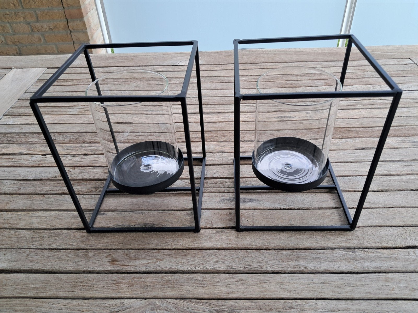 Set van 2 zwarte windlichten, 19 cm hoog, Ophalen, Windlicht, Gebruikt, Zwart