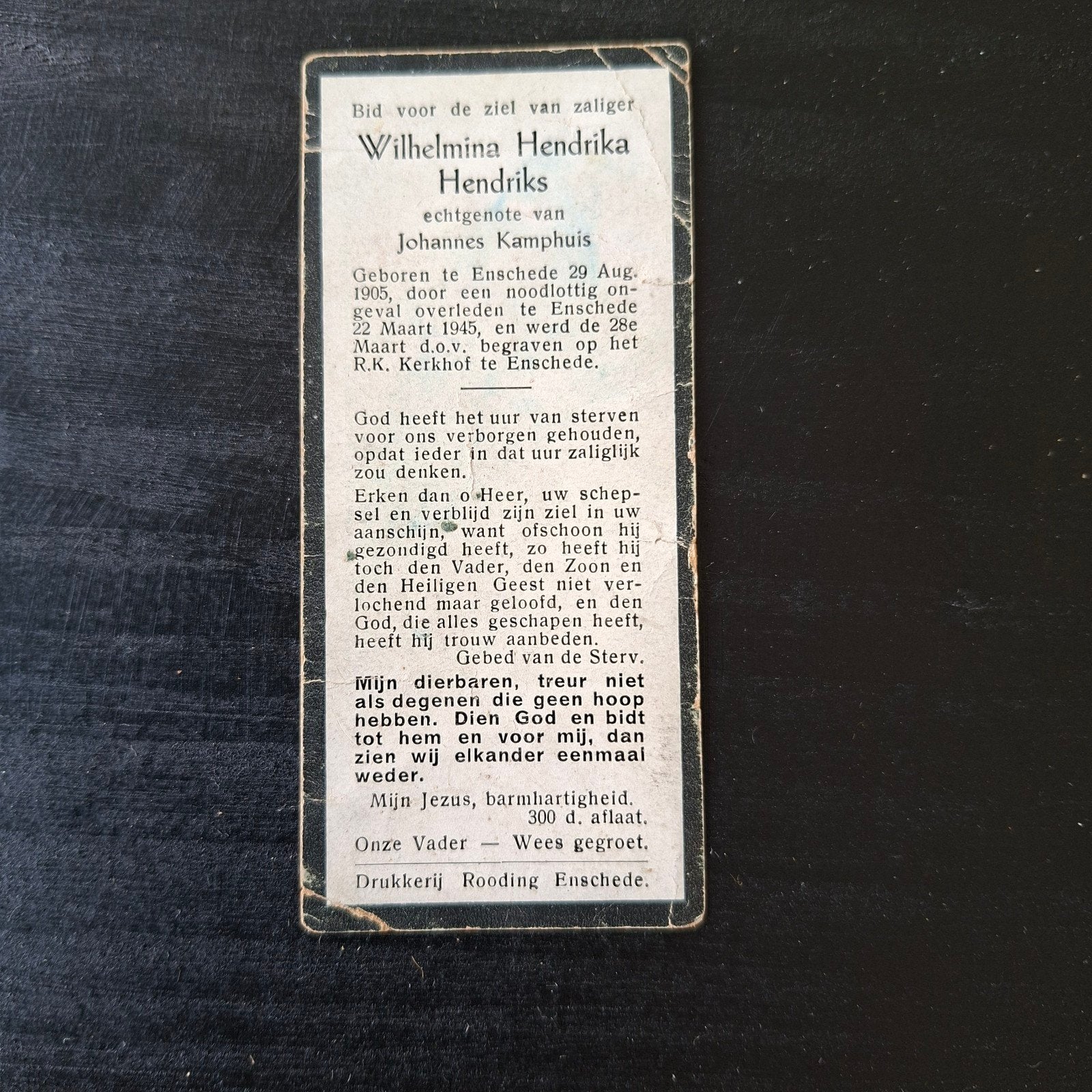 Bidprent Wilhelmina Hendriks Ongeval 1945 Enschede, Verzamelen, Ophalen of Verzenden