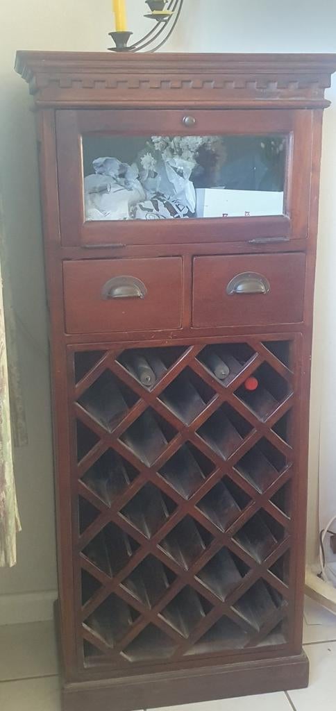 Houten Wijnrek Kast met Lade en Vitrine, Huis en Inrichting, Ophalen, Gebruikt, 25 flessen of meer, 75 cm of meer