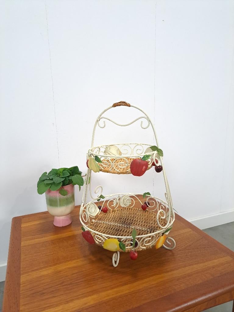 Wit metalen Franse etagère, fruitmand vintage, Overige materialen, Gebruikt, Mand, Rond