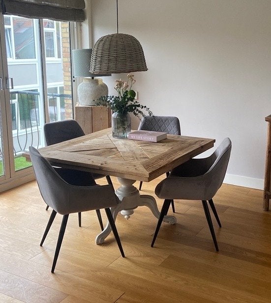 Vierkante tafel 1.20x1.20 met houten blad incl stoelen&lamp, Gebruikt, 100 tot 150 cm, Vierkant, Ophalen of Verzenden