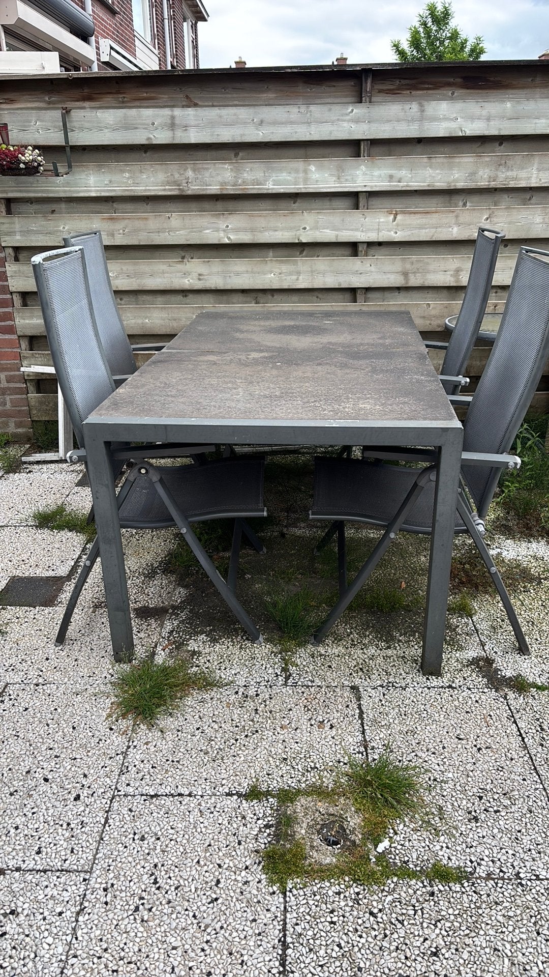 Tuinset met ijzeren onderstel en stenen blad (1.70m), Ophalen, Overige materialen, Gebruikt, Eettafel