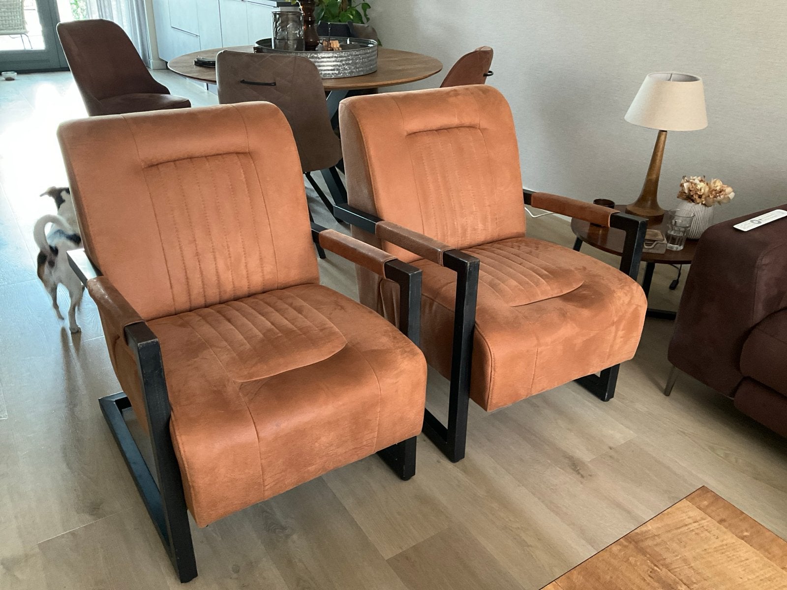 Set van 2 cognac fauteuils met metalen frame, Ophalen, Twee, Bruin, Leer